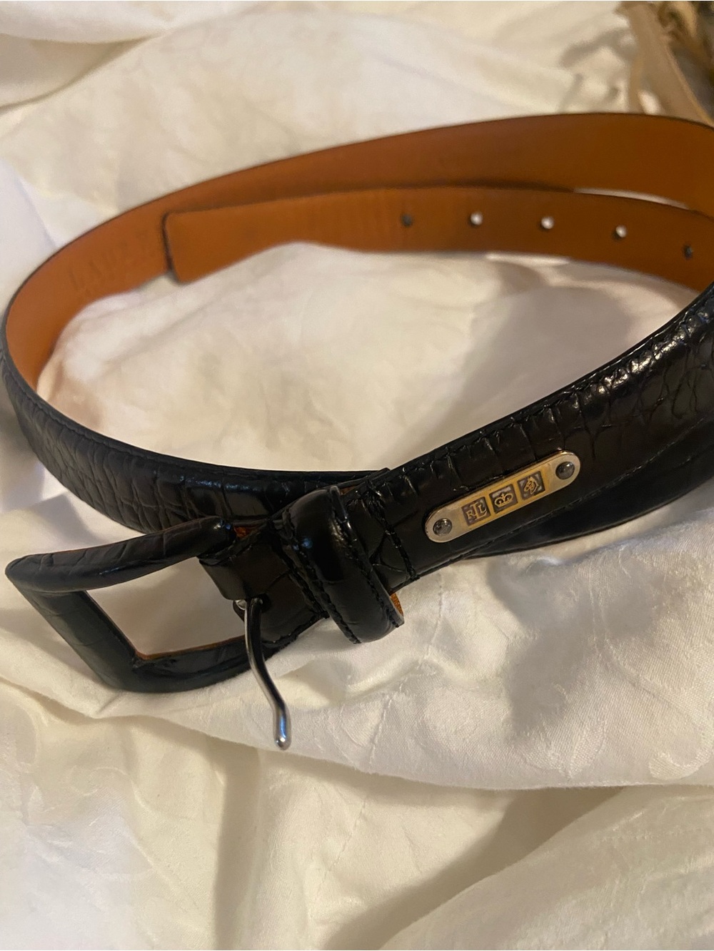 Lauren Ralph Lauren Black Croc Embossed Leather Belt Silver Logo Size L
